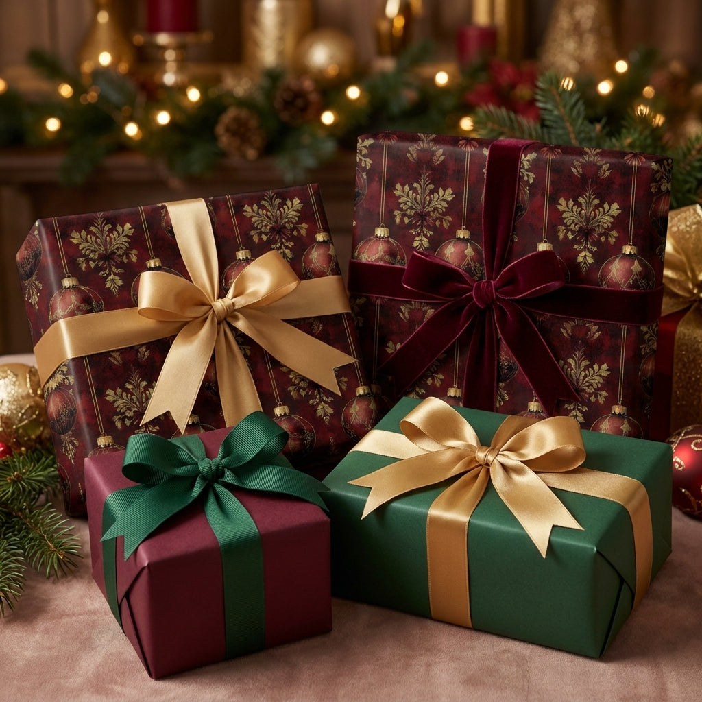 Luxury Christmas wrapping paper in elegant burgundy and green with satin bows by Wrapped Studios.