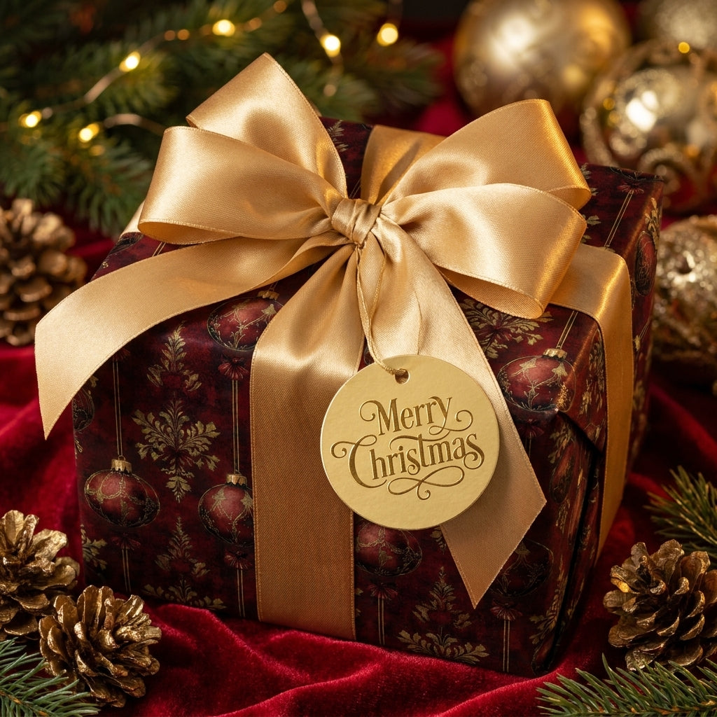 Luxury red and gold Christmas wrapping paper with a satin bow by Wrapped Studios.
