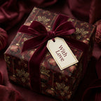 Luxury burgundy and gold Christmas wrapping paper with a velvet bow and gift tag by Wrapped Studios.