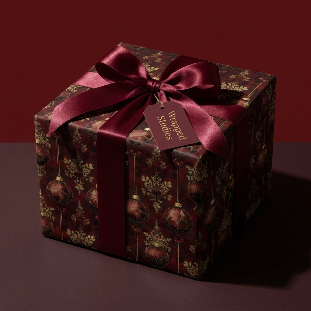 Luxury burgundy and gold Christmas wrapping paper by Wrapped Studios on a gift box with a satin ribbon bow.