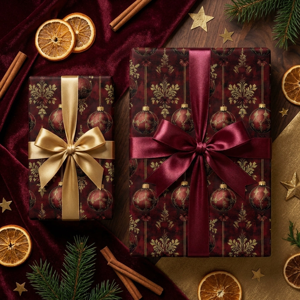 Luxury burgundy Christmas gift wrap with gold ornament patterns and satin bows by Wrapped Studios.