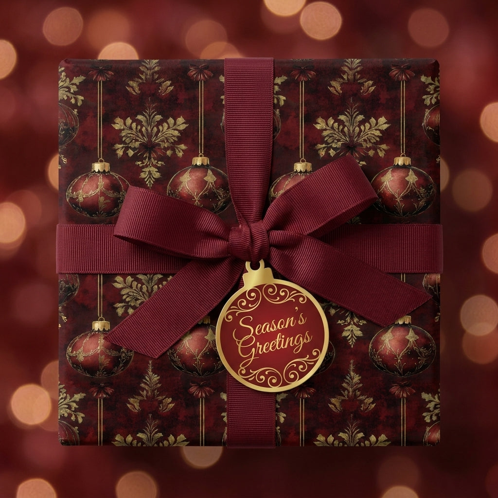 Luxury burgundy and gold Christmas gift wrap with elegant ribbon bow by Wrapped Studios.