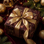Elegant burgundy holiday gift wrap with gold ornaments and a luxury gold ribbon by Wrapped Studios.