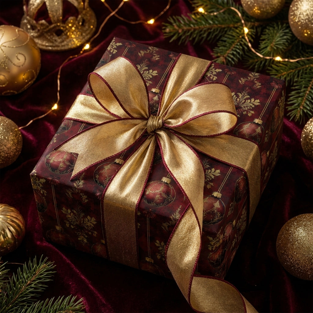 Elegant burgundy holiday gift wrap with gold ornaments and a luxury gold ribbon by Wrapped Studios.
