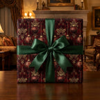 Elegant vintage Christmas gift wrap with burgundy gold ornaments and green satin bow, by Wrapped Studios.