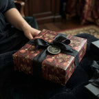 Vintage burgundy and gold Christmas gift wrap with black silk bow, luxury wrapping paper by Wrapped Studios.
