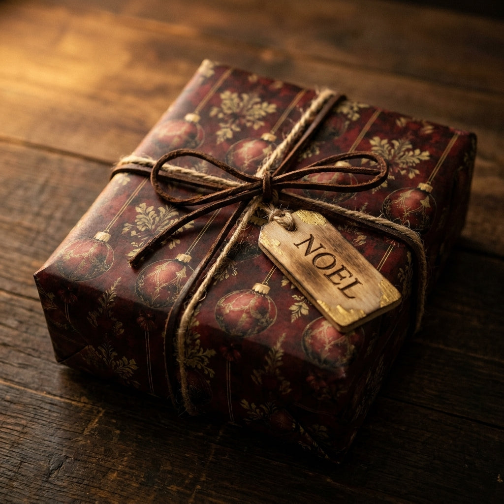 Burgundy vintage Christmas wrapping paper on a rustic gift box with Noel tag by Wrapped Studios.