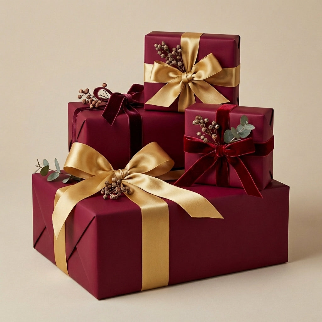 Elegant burgundy wrapping paper with gold and velvet ribbon on stacked gift boxes.