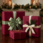 Elegant burgundy gift wrap with sage and cream ribbon bows, festive holiday presentation for presents.
