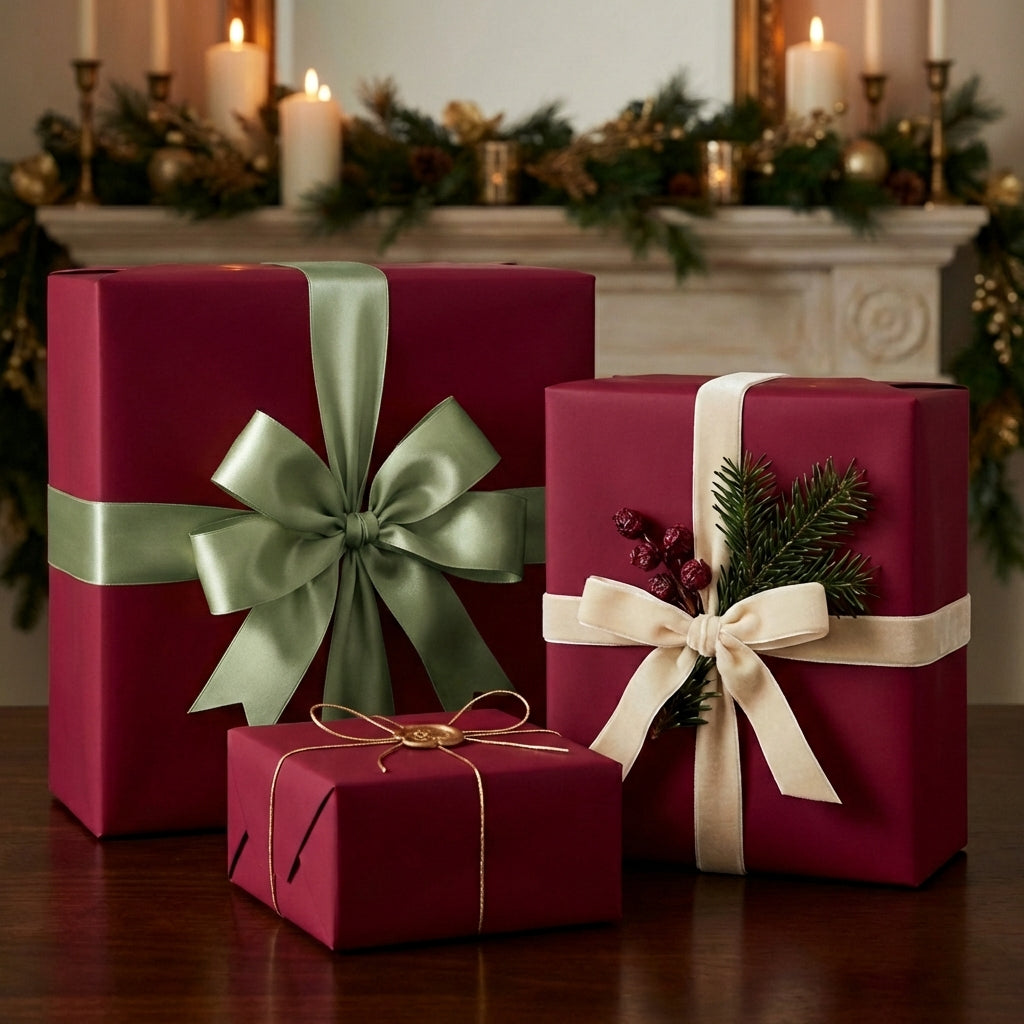Elegant burgundy gift wrap with sage and cream ribbon bows, festive holiday presentation for presents.