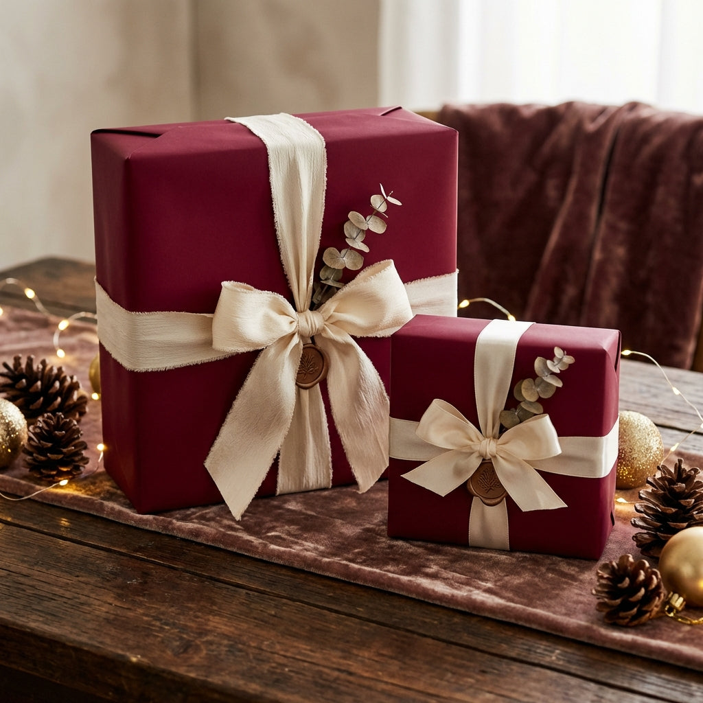 Burgundy gift boxes wrapped in elegant cream ribbon & bow, perfect for Christmas or birthday wrapping paper.