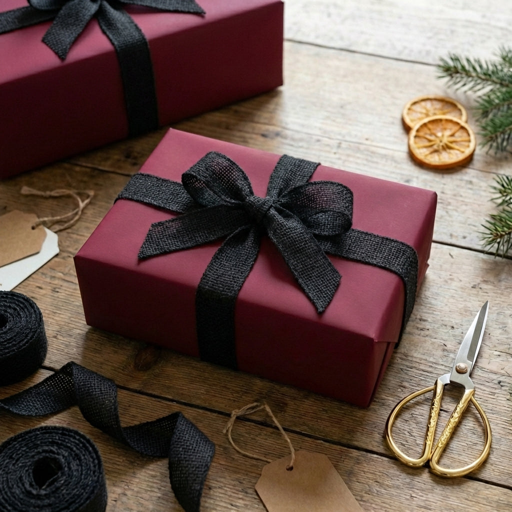 Burgundy wrapping paper with black ribbon, perfect for elegant Christmas or holiday gifts.