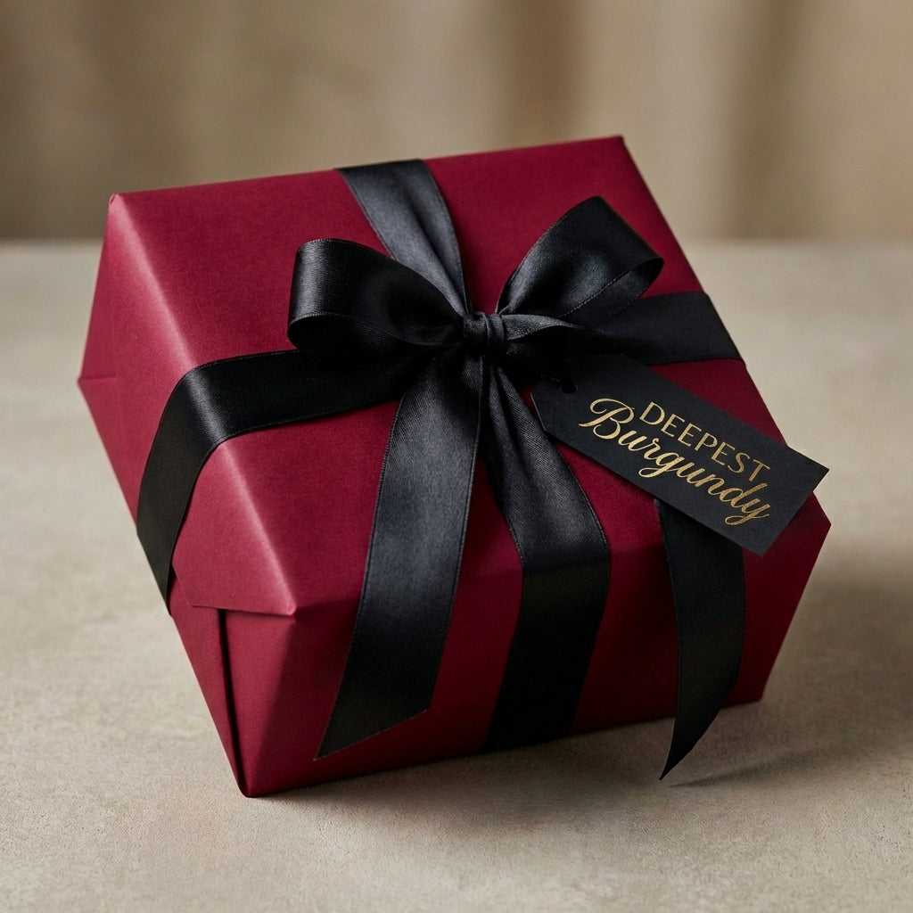 Burgundy gift wrapped in solid color paper with black satin ribbon and bow, plus gift tag.