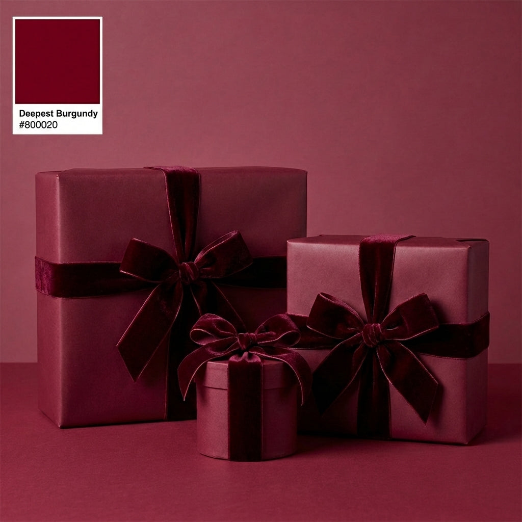Elegant burgundy wrapping paper on gifts with velvet ribbon bows for Christmas or birthdays.