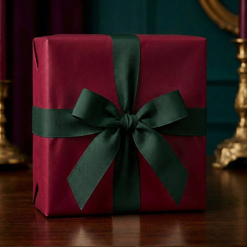 Elegant burgundy gift wrap on square box with dark green ribbon bow, for Christmas or special occasion.