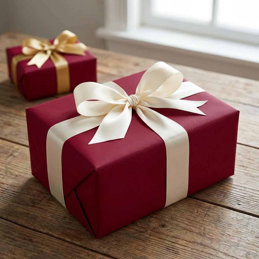 Burgundy gift box with ivory ribbon on wood table, elegant solid color wrapping paper.