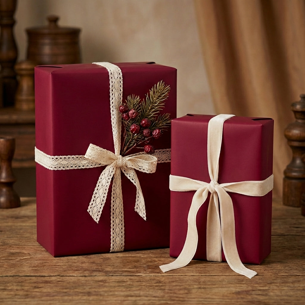 Elegant maroon gift boxes wrapped with lace & velvet ribbon, perfect for Christmas or special occasion presents.