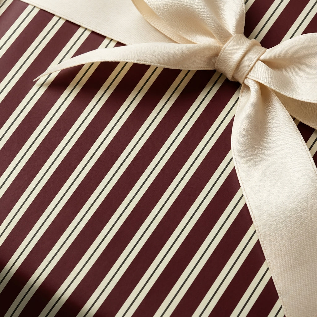 Striped wrapping paper in burgundy and cream with a silky champagne-colored ribbon and bow.