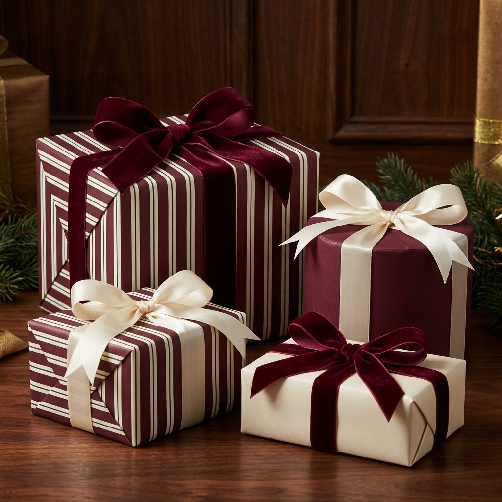 Elegant gifts wrapped in striped burgundy and cream wrapping paper with velvet and satin bows.