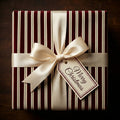 Elegant Christmas gift wrap: burgundy and white striped wrapping paper with a satin bow and gift tag.