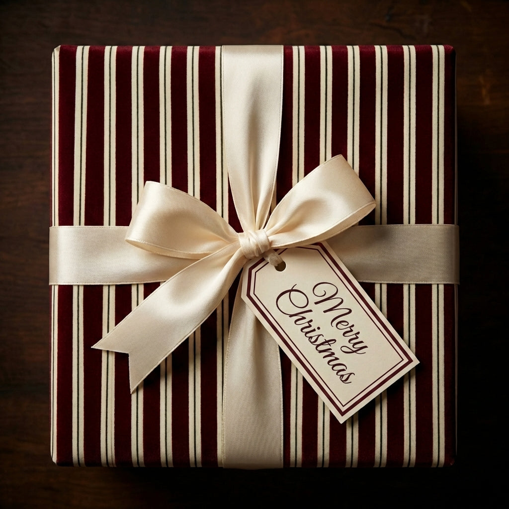 Elegant Christmas gift wrap: burgundy and white striped wrapping paper with a satin bow and gift tag.