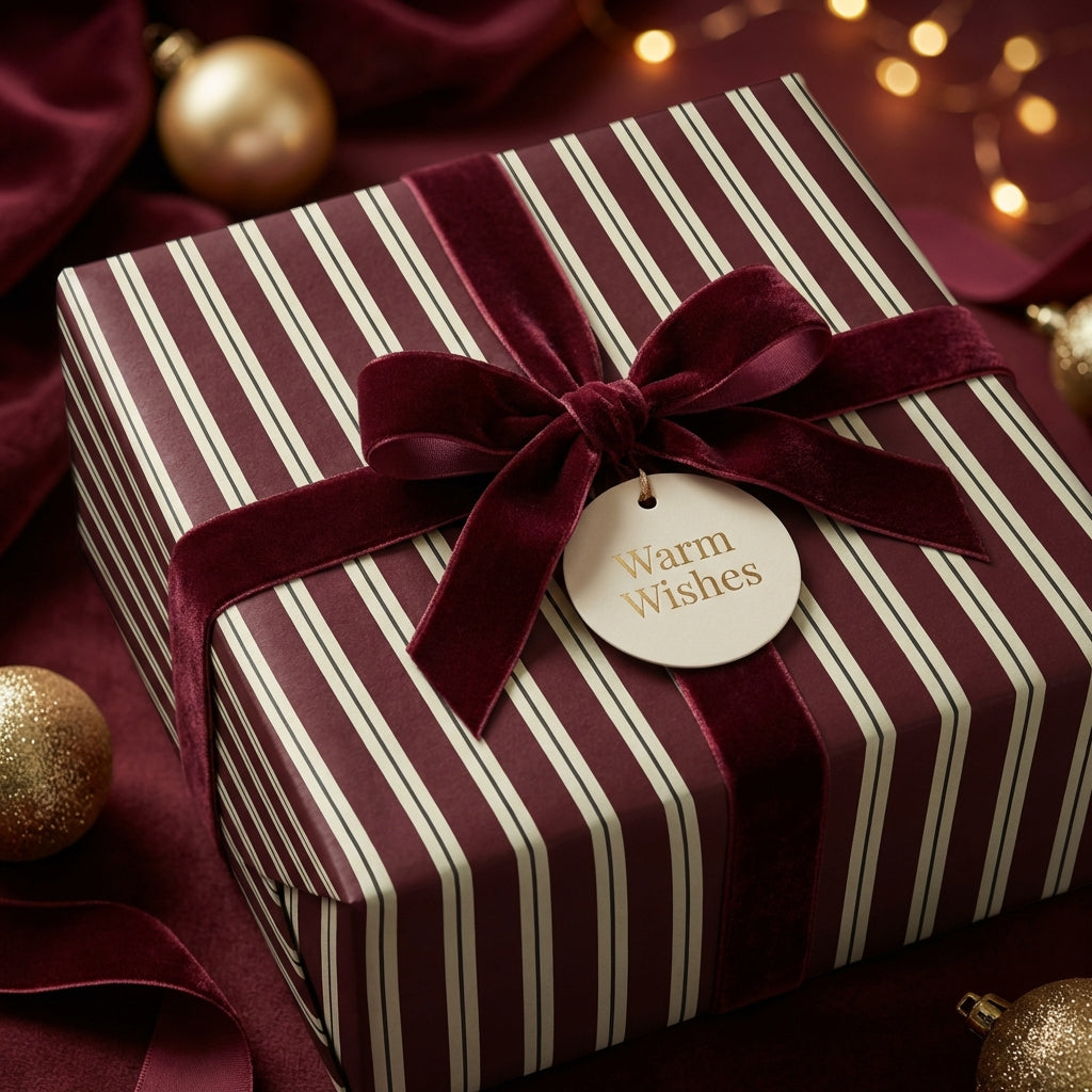 Burgundy and ivory striped gift box with velvet ribbon bow; elegant Christmas gift wrap.
