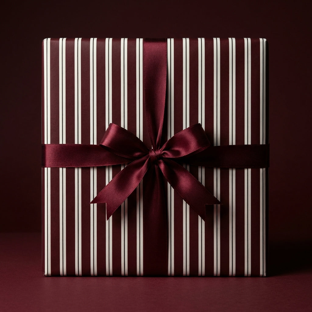 Burgundy and white striped gift box with a matching satin ribbon and bow, perfect for Christmas or birthdays.