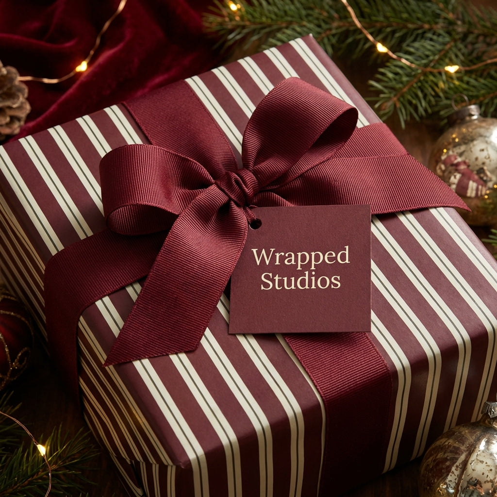 Elegant striped Christmas gift wrap with burgundy ribbon and tag on a decorated holiday table.