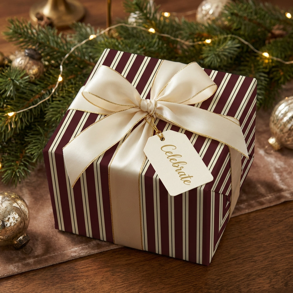 Burgundy striped gift wrapped with a gold-trimmed cream ribbon, tag reads "Celebrate"; Christmas vibe.