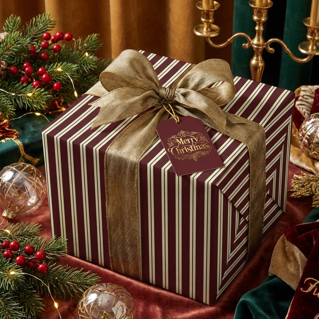 Elegant Christmas gift wrapped in burgundy striped paper with gold ribbon and "Merry Christmas" tag.