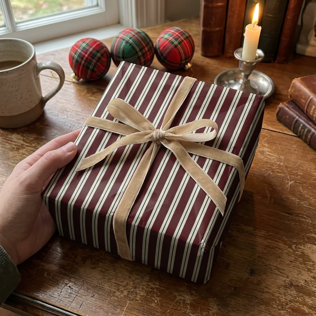 Burgundy striped Christmas gift wrapped with velvet ribbon, for a cozy holiday aesthetic.