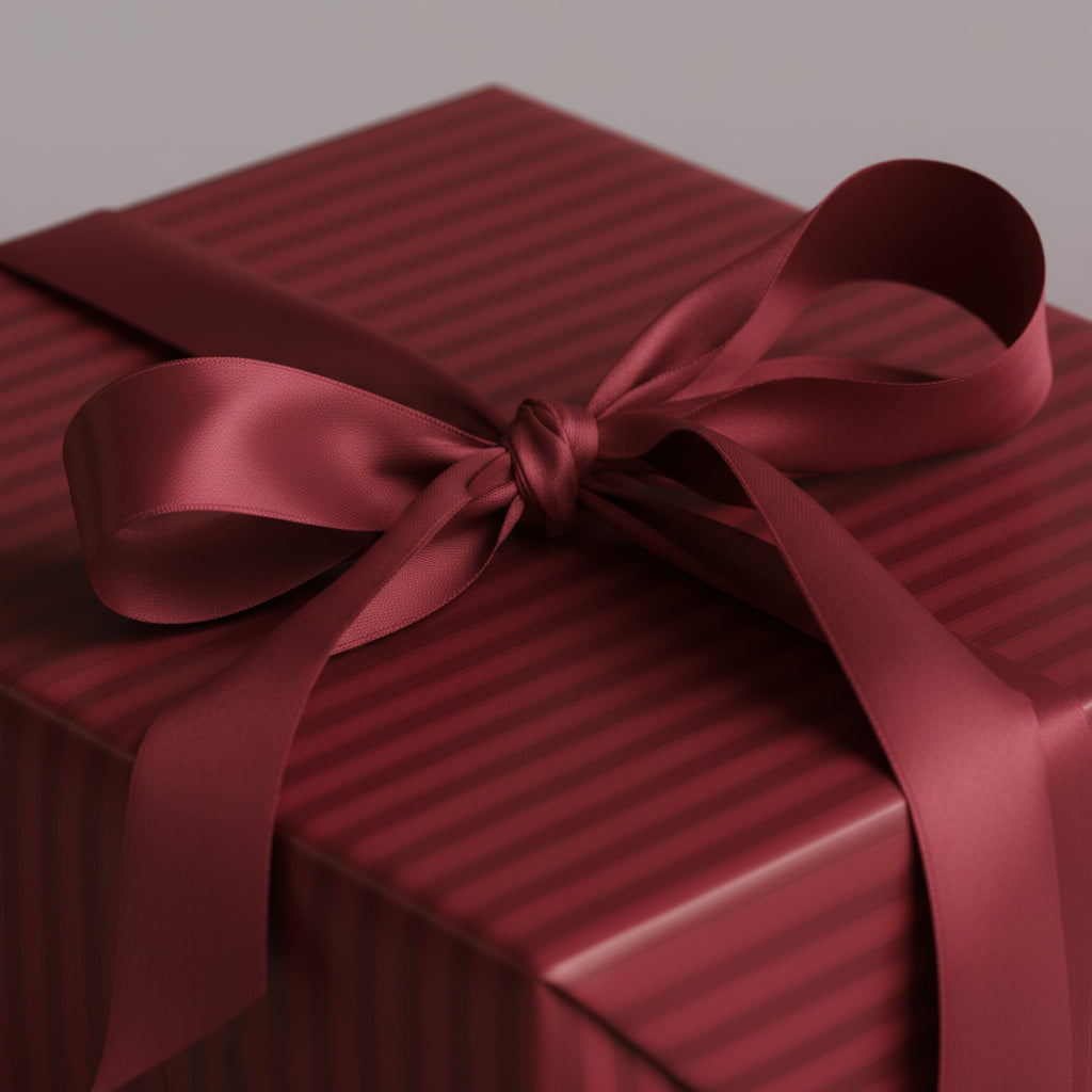 Burgundy striped wrapping paper with satin ribbon tied on a square gift box.