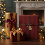 Elegant Christmas gift wrap: Gold, burgundy striped paper with satin bows near a festive fireplace and tree.
