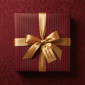 Burgundy striped gift wrapped in gold satin ribbon on a floral holiday background.