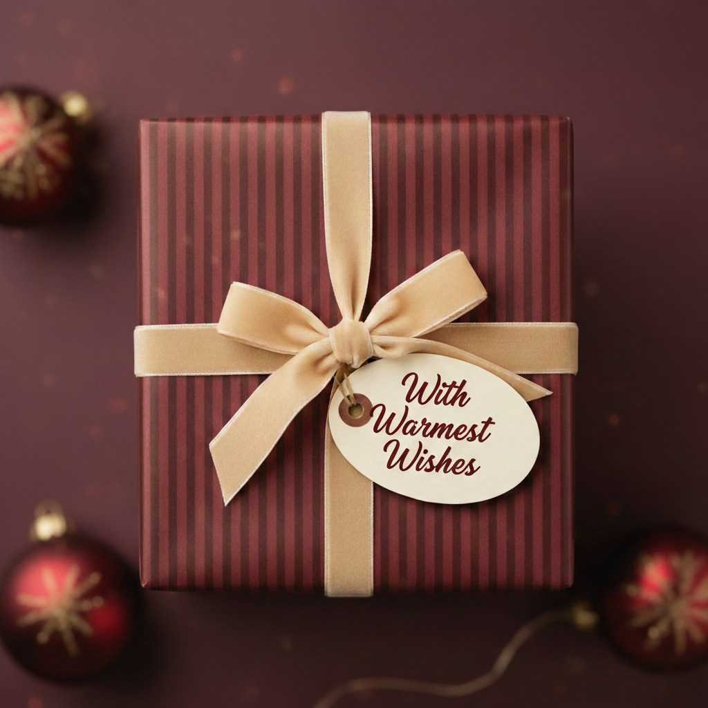 Burgundy striped gift wrapped with a tan velvet ribbon and "With Warmest Wishes" tag, surrounded by Christmas ornaments.