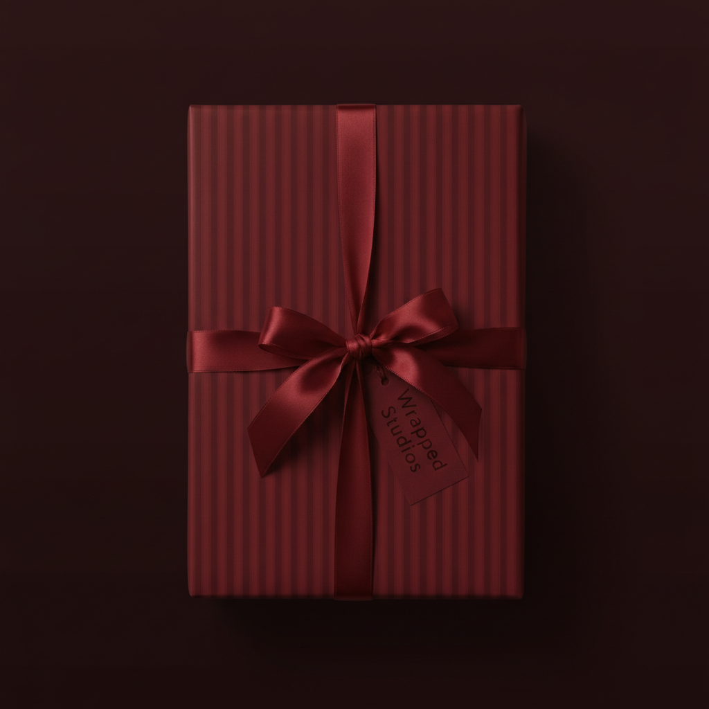 Burgundy striped wrapping paper with satin ribbon bow for elegant gift presentation.