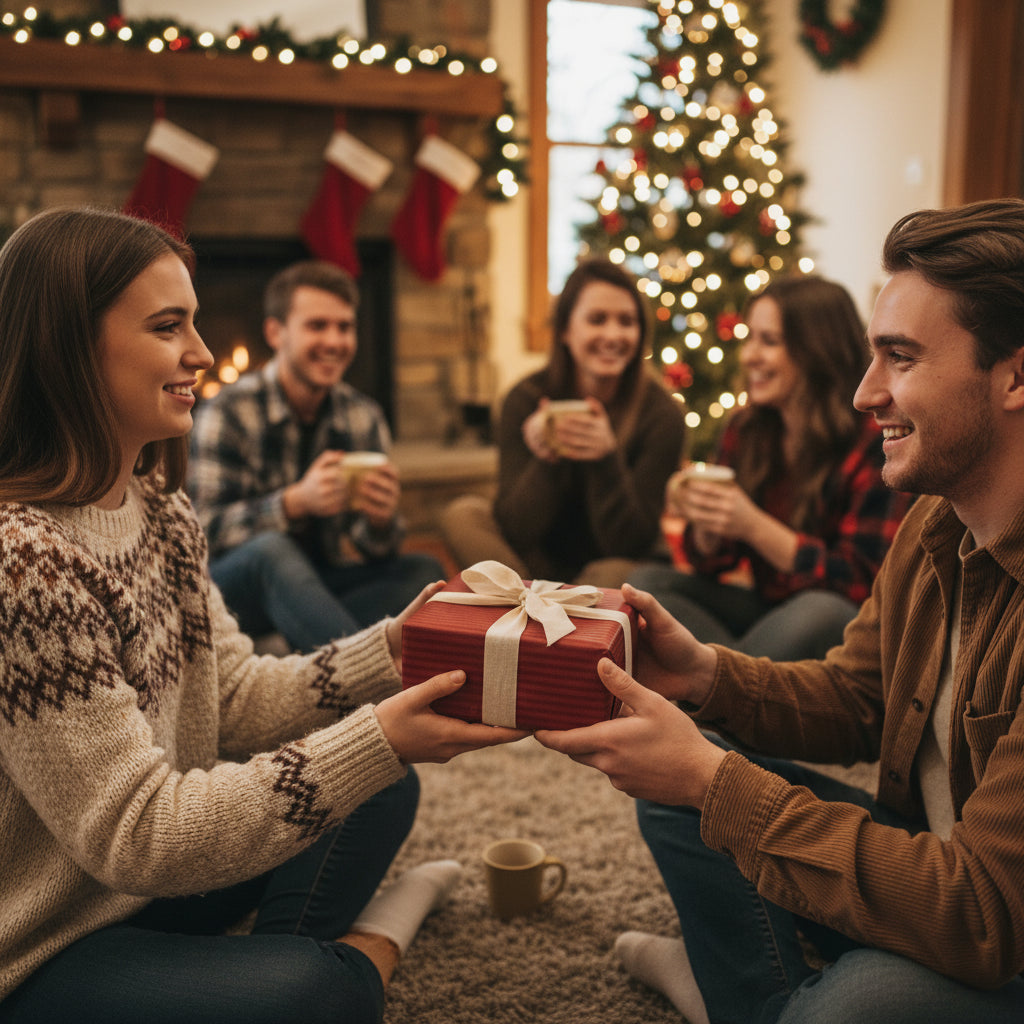 Friends exchanging Christmas gifts wrapped in red striped wrapping paper with a cream ribbon.