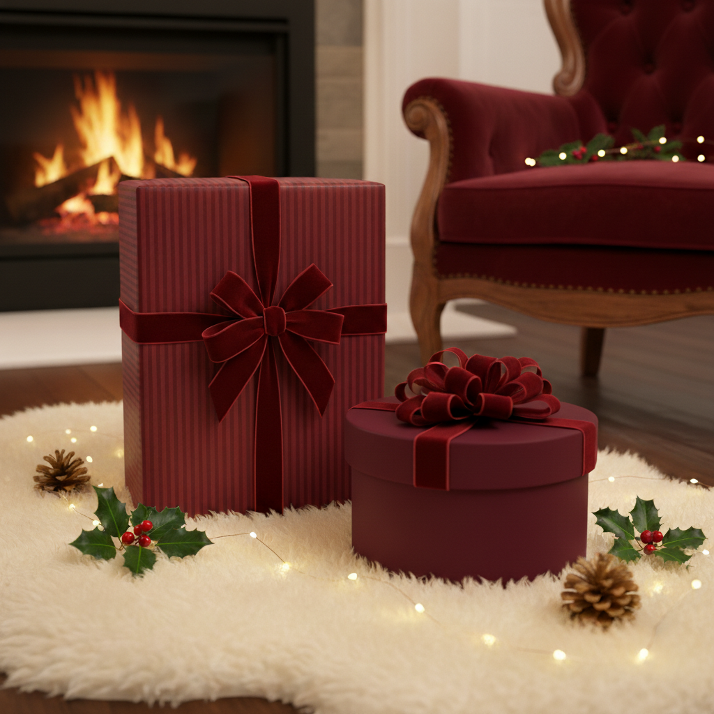 Elegant burgundy Christmas gift wrap with velvet ribbons, presented in a cozy fireside holiday setting.