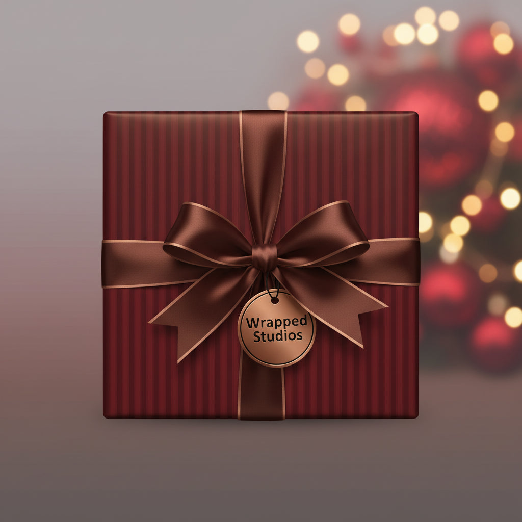 Burgundy stripe wrapping paper with chocolate bow, perfect for elegant Christmas gift wrap.