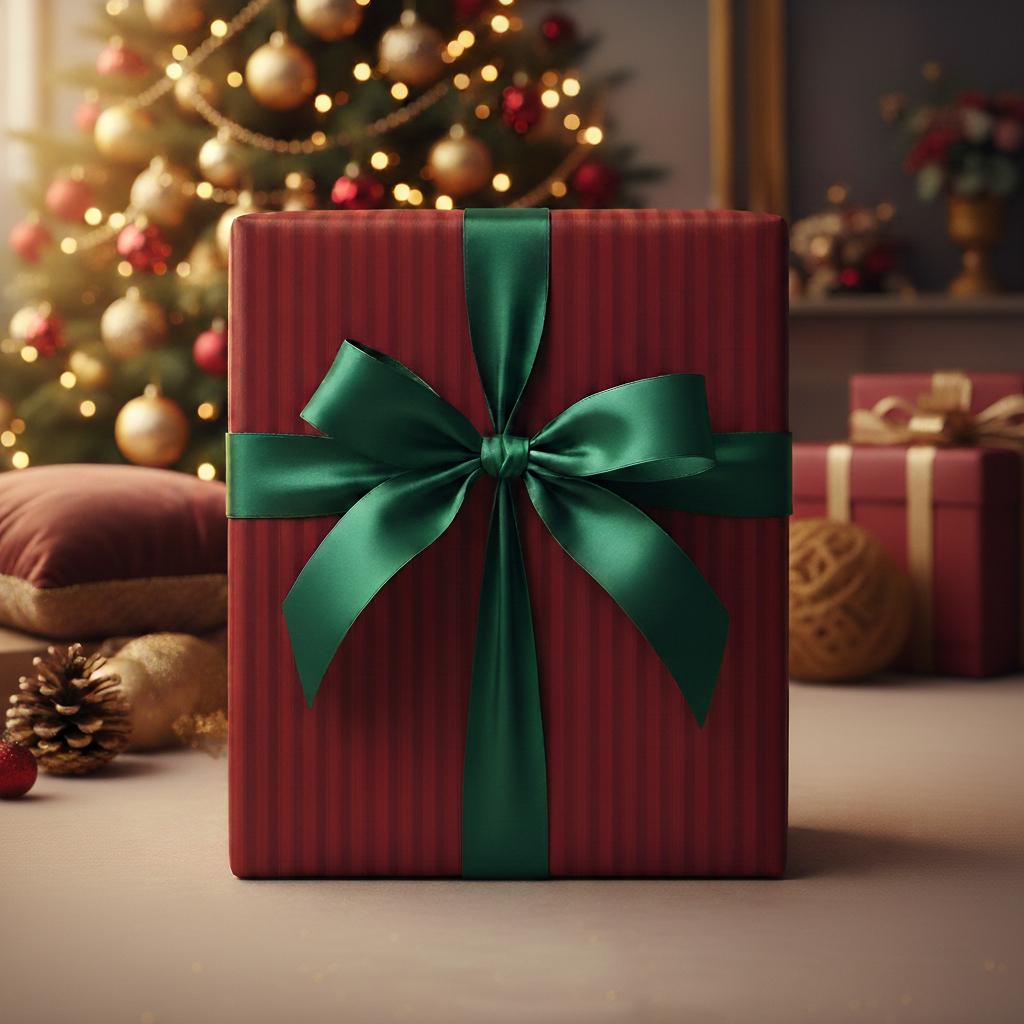 Elegant Christmas gift wrap with red stripes and a green satin ribbon against a festive tree backdrop.