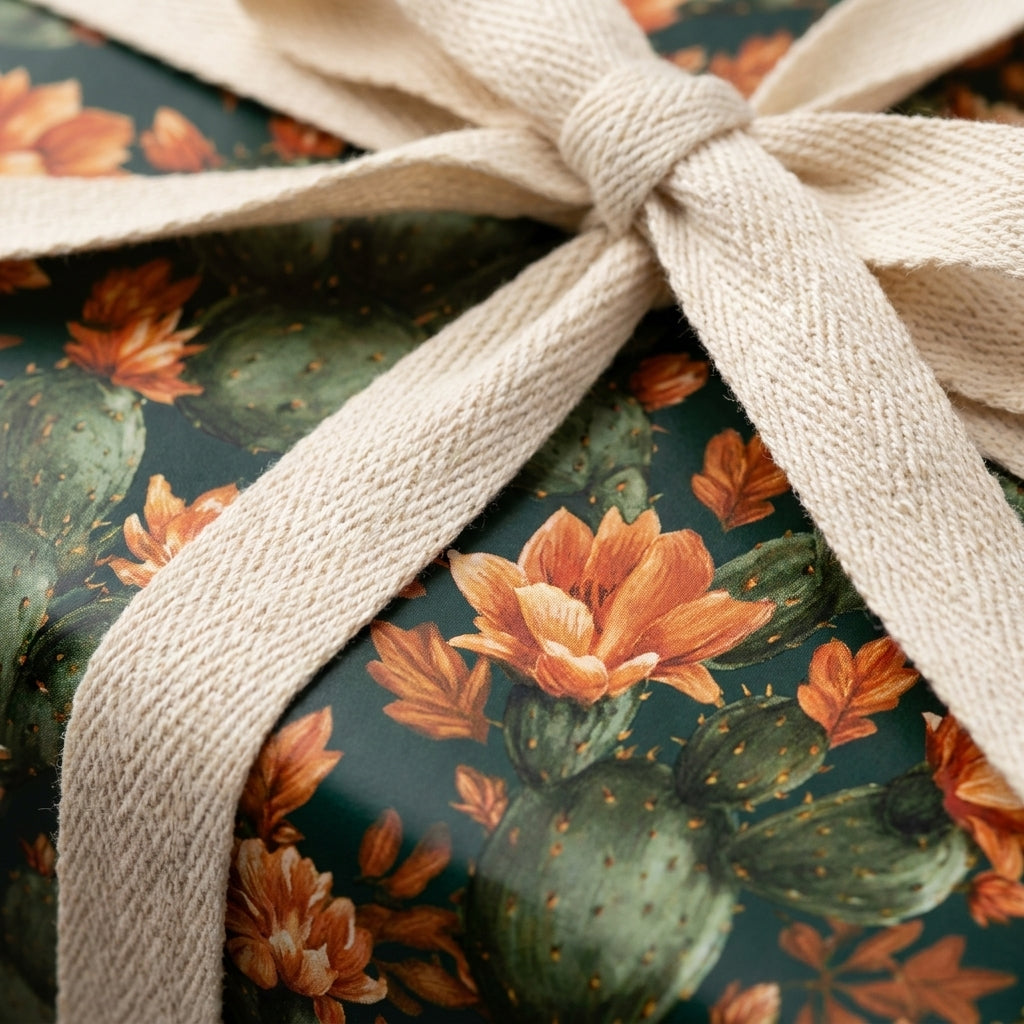 Desert cactus wrapping paper with orange flowers and cream cotton ribbon by Wrapped Studios.