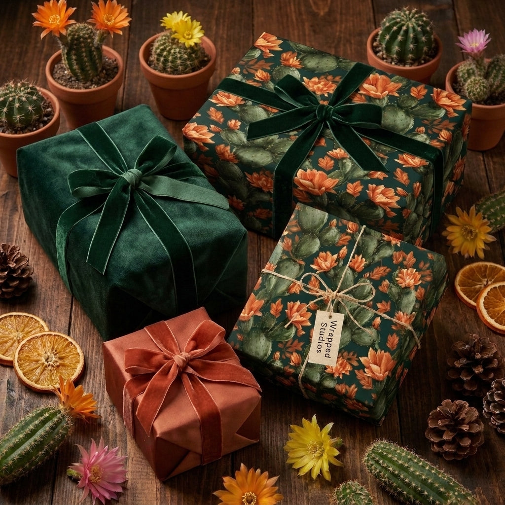 Botanical cactus wrapping paper with luxury velvet ribbons on holiday gifts by Wrapped Studios.