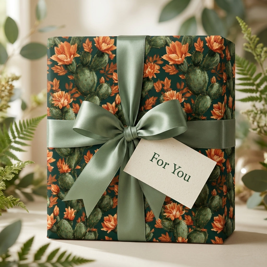 Cactus floral wrapping paper with a sage green ribbon on a luxury gift box by Wrapped Studios.