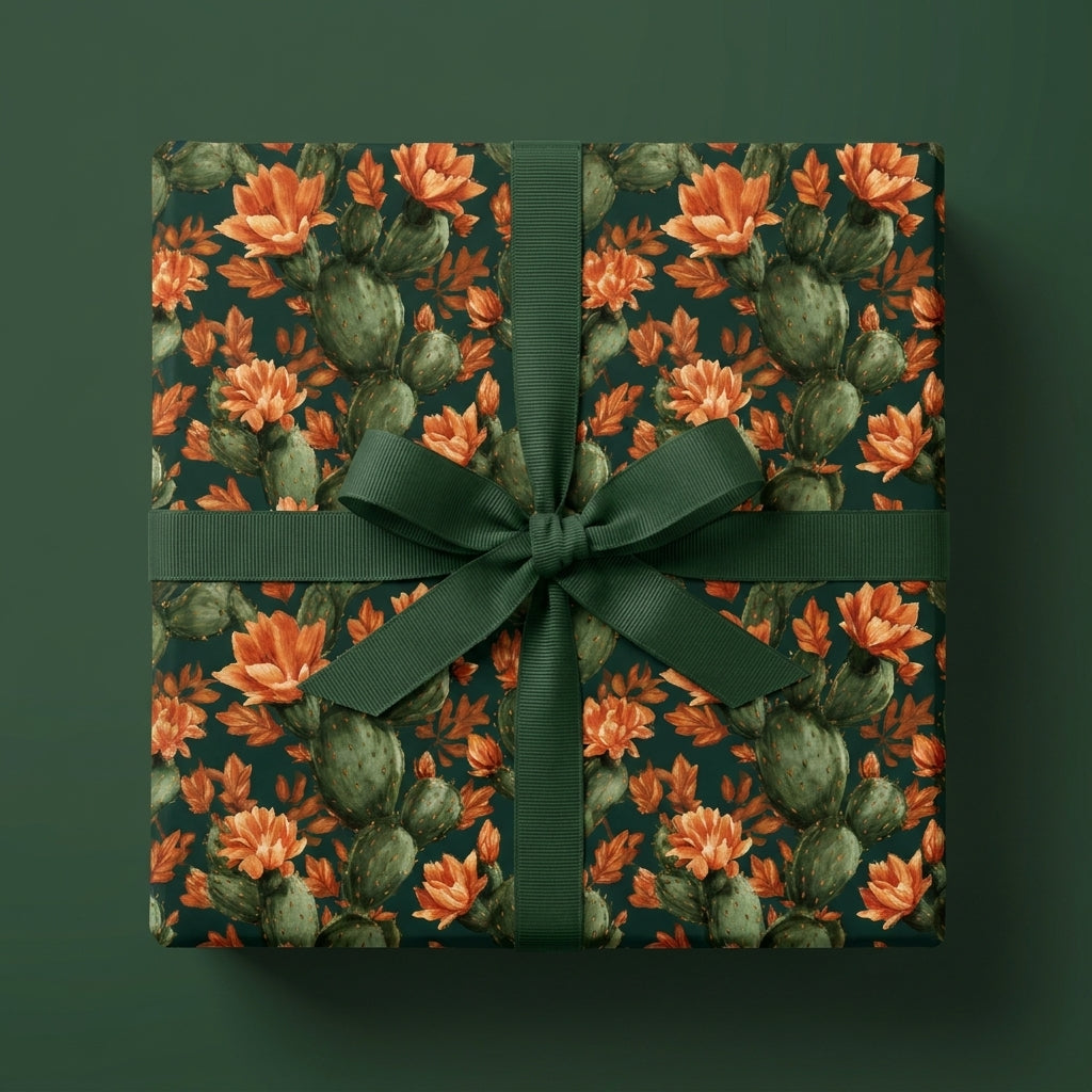 Luxury cactus floral wrapping paper with dark green ribbon on gift box by Wrapped Studios.
