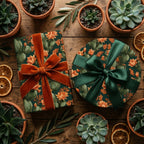 Cactus botanical wrapping paper with luxury velvet ribbons on gift boxes by Wrapped Studios.