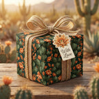Southwest cactus wrapping paper with orange flowers and burlap ribbon by Wrapped Studios.