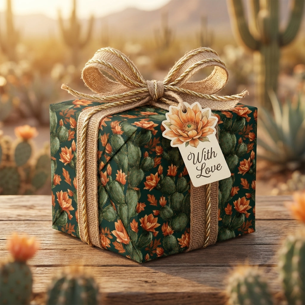 Southwest cactus wrapping paper with orange flowers and burlap ribbon by Wrapped Studios.