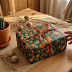 Cactus floral wrapping paper with orange flowers and raffia bow on a gift box by Wrapped Studios.