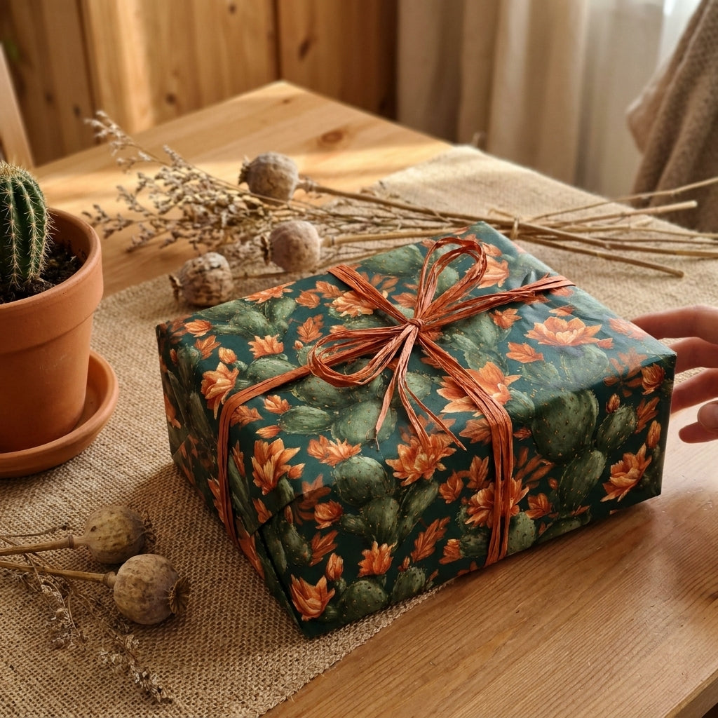 Cactus floral wrapping paper with orange flowers and raffia bow on a gift box by Wrapped Studios.