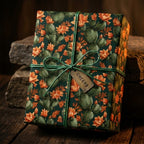 Rustic cactus wrapping paper with orange blossoms and green twine bow by Wrapped Studios.